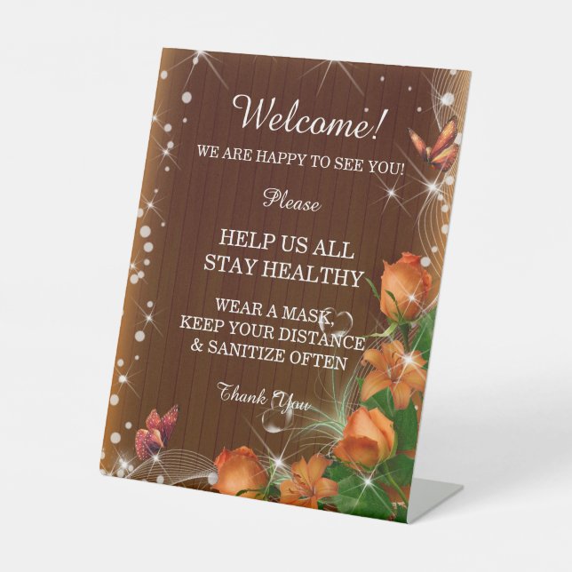Rustic Dark Wood Orange Floral Wedding Safety  Pedestal Sign (Front)