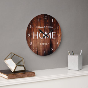 Rustic dark wood pattern Home script family name Large Clock