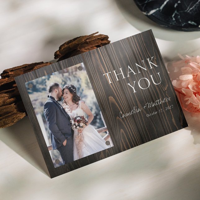Rustic Dark Wood Photo Wedding Thank You Card (Personalized Rustic Dark Wood Photo Wedding Thank You Card)