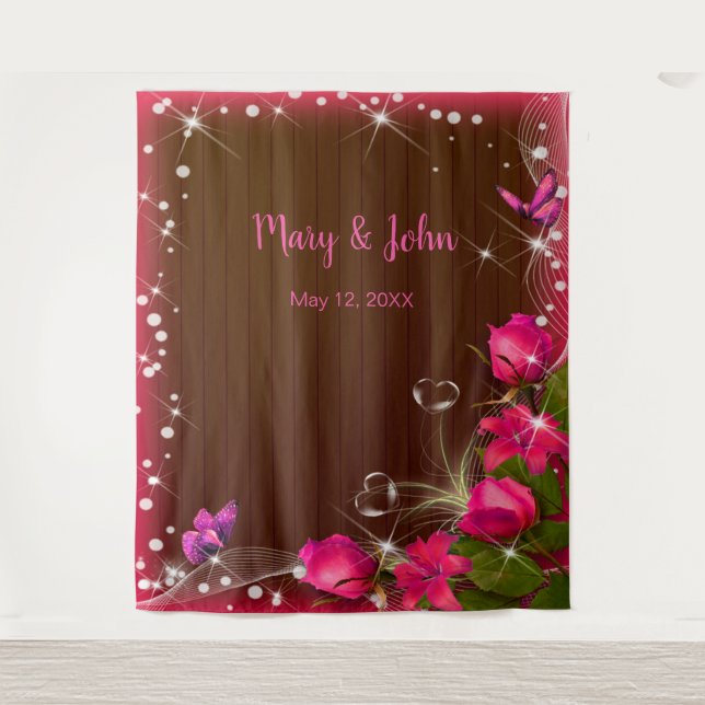Rustic Dark Wood Pink Floral Wedding Backdrop Tapestry (Front)