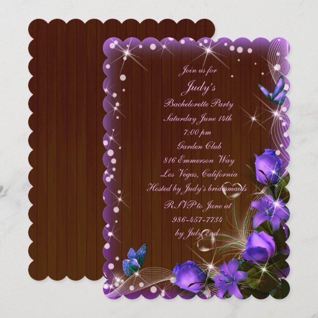 Rustic Dark Wood Purple Floral Bachelorette Party Invitation (Front/Back)