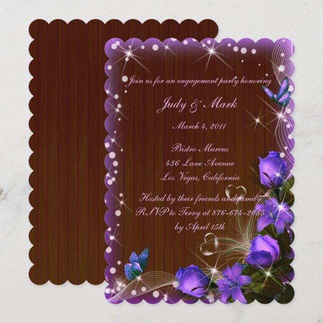 Rustic Dark Wood Purple Floral Engagement Party Invitation (Front/Back)