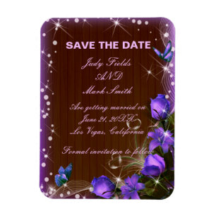 Rustic Dark Wood Purple Floral Save The Date Magnet