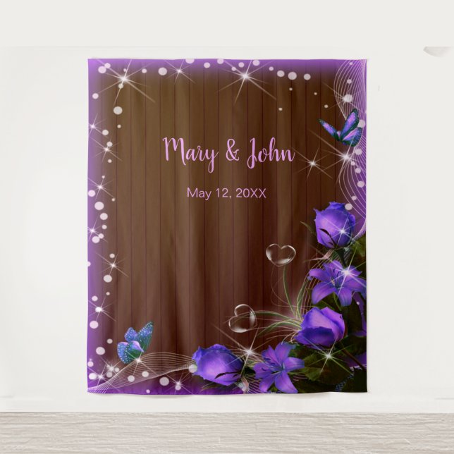 Rustic Dark Wood Purple Floral Wedding Backdrop Tapestry (Front)