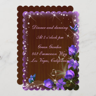 Rustic Dark Wood Purple Floral Wedding Reception Invitation