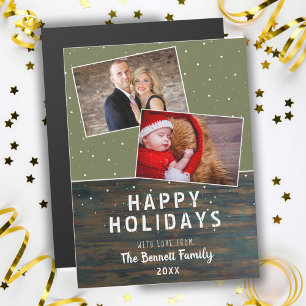Rustic Dark Wood Snow Holiday 2 Photo Collage Card