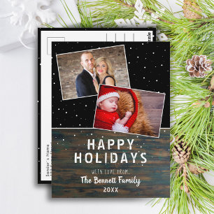 Rustic Dark Wood Snow Holiday 2 Photo Postcard
