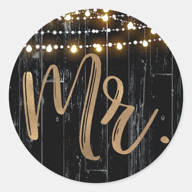 Rustic Dark Wood & String Lights Gold Bride MR. Classic Round Sticker (Front)