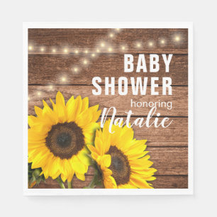 Rustic Dark Wood Sunflower Lights Baby Shower Napkin
