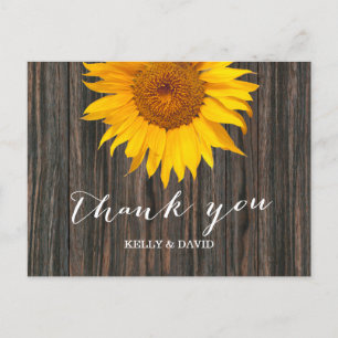Rustic Dark Wood & Sunflower Wedding Thank You Postcard