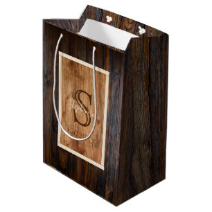 Rustic Dark Wood Tone Monogram Medium Gift Bag