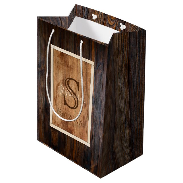 Rustic Dark Wood Tone Monogram Medium Gift Bag (Back Angled)