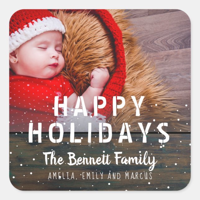 Rustic Dark Wood Typography Happy Holidays Photo Square Sticker (Front)