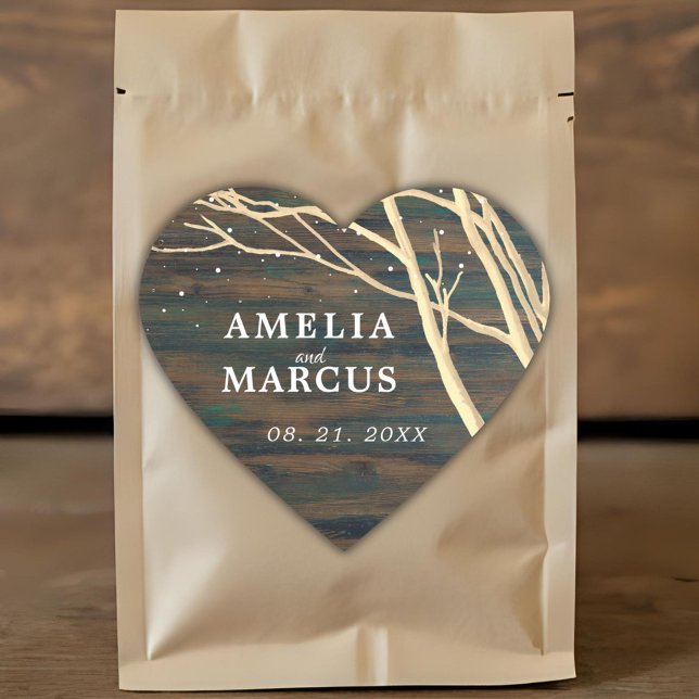 Rustic Dark Wood Winter Tree White Script Wedding Heart Sticker (Creator Uploaded)