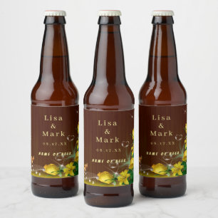 Rustic Dark Wood Yellow Floral Butterfly Wedding Beer Bottle Label
