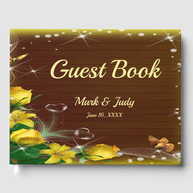 Rustic Dark Wood Yellow Floral Butterfly Wedding Guest Book (Front)