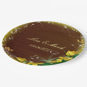 Rustic Dark Wood Yellow Floral Butterfly Wedding Paper Plate