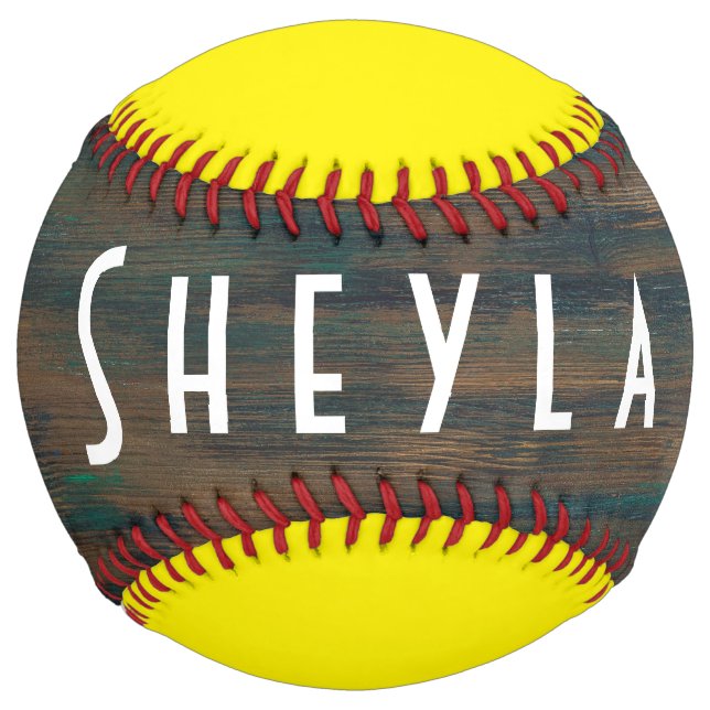 Rustic Dark Wood Yellow Name Softball (Front)