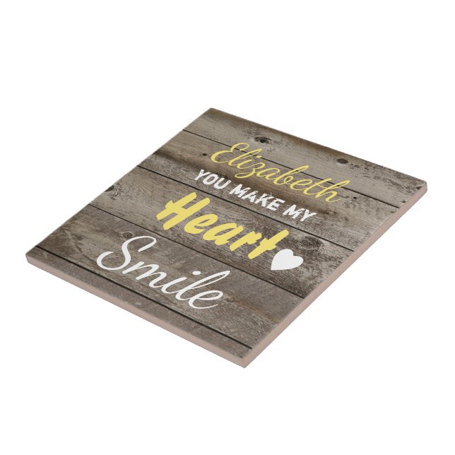 Rustic dark wood yellow with quote and name ceramic tile (Side)