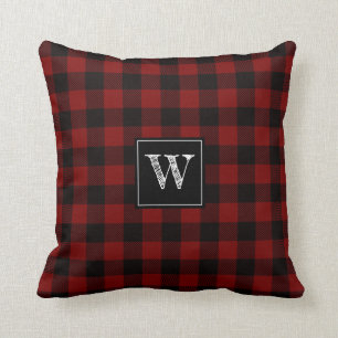 Rustic Deep Red Buffalo Plaid Modern Monogram Cushion