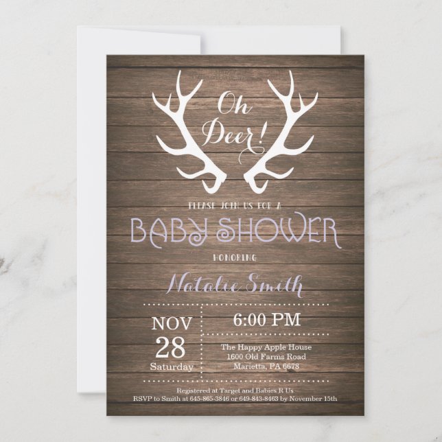 Rustic Deer Antler Baby Shower Invitation Purple (Front)