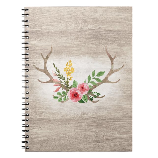 Rustic Deer Antler Bohemian Floral Watercolor Wood Notebook (Front)