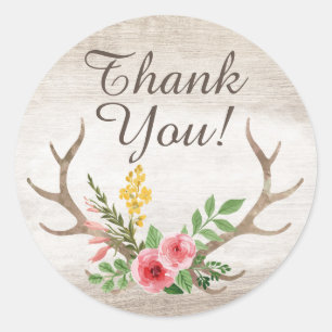 Rustic Deer Antler Bohemian Floral Wood Thank You Classic Round Sticker