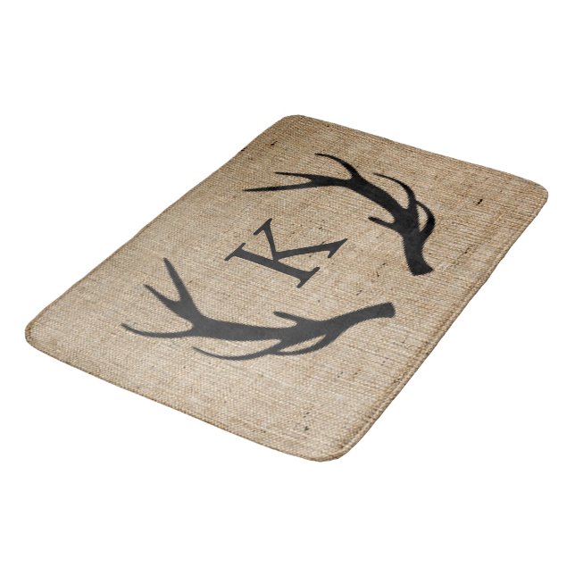 Rustic Deer Antler Faux Burlap Monogram Bath Mat (Angled)