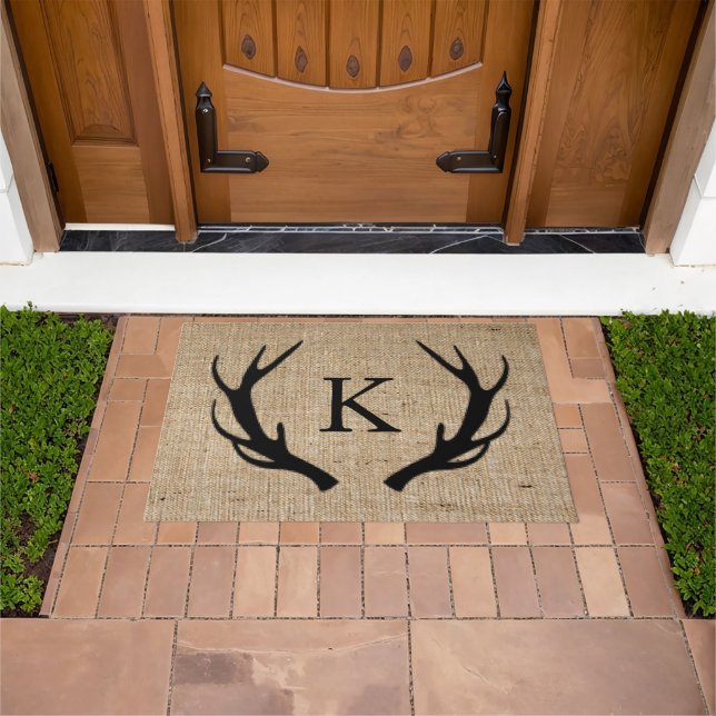 Rustic Deer Antler Faux Burlap Monogram Doormat (Outdoor)