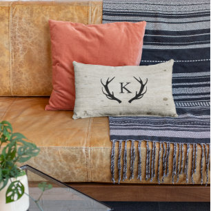 Rustic Deer Antler Logo Wood Monogrammed Lumbar Cushion