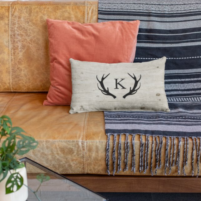 Rustic Deer Antler Logo Wood Monogrammed Lumbar Cushion (Creator Uploaded)