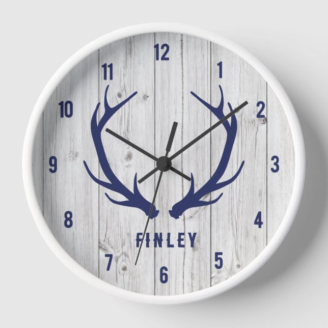 Rustic Deer Antler Navy Blue Wood Plank Wall Clock (Front)