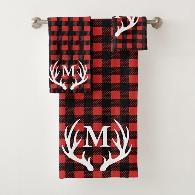 Rustic Deer Antler Red & Black Buffalo Check Plaid Bath Towel Set (Insitu)