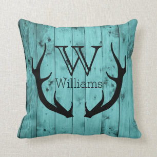 Rustic Deer Antler Teal Wood Black Monogram Cushion