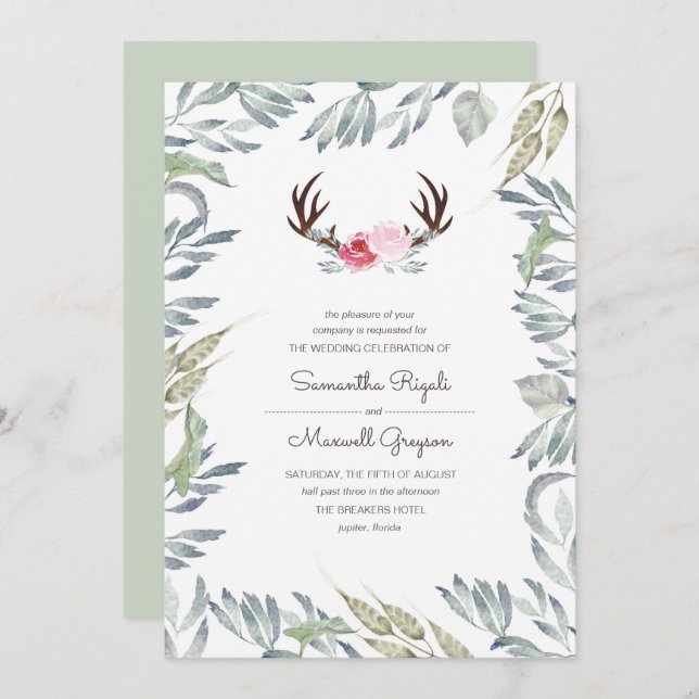 Rustic Deer Antler Wedding Invitation (Front/Back)