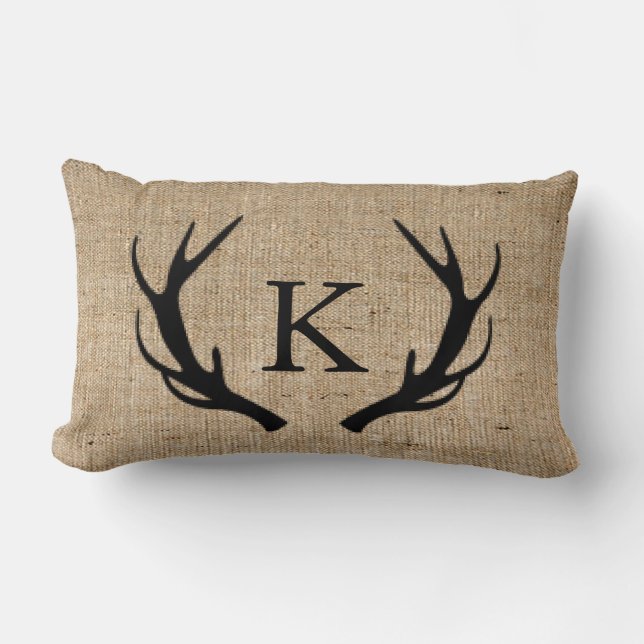 Rustic Deer Antler with Monogram Faux Burlap Lumbar Cushion (Front)