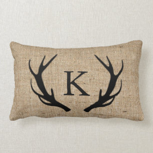 Rustic Deer Antler with Monogram Faux Burlap Lumbar Cushion