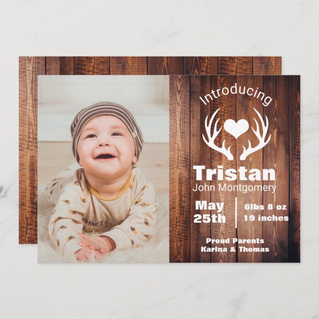 Rustic Deer Antlers Barn Wood Birth Announcement (Front/Back)