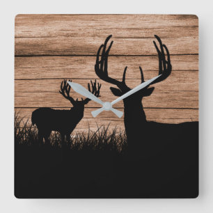 Rustic Deer Antlers Buck Hunting Square Wall Clock