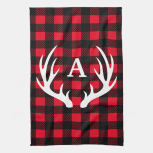 Rustic Deer Antlers & Buffalo Check Plaid Tea Towel