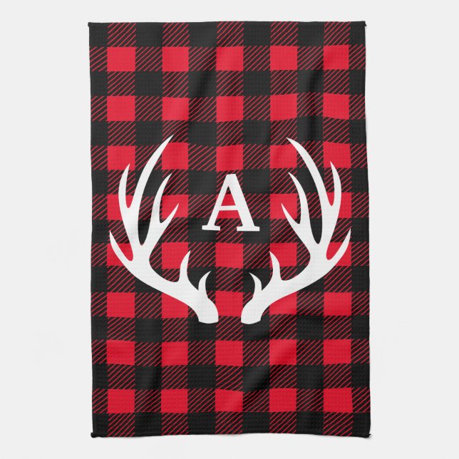 Rustic Deer Antlers & Buffalo Check Plaid Tea Towel (Vertical)