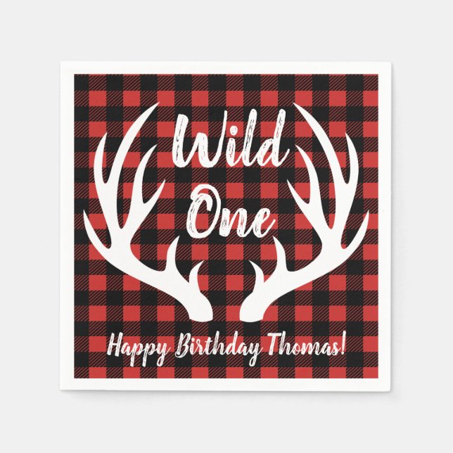 Rustic Deer Antlers Buffalo Check Plaid Wild One Napkin (Front)