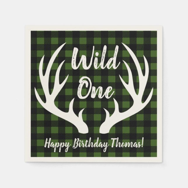 Rustic Deer Antlers Buffalo Check Plaid Wild One Napkin (Front)