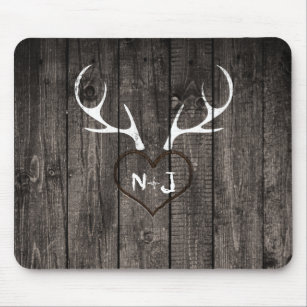 Rustic Deer Antlers & Carved Heart Country Mouse Pad