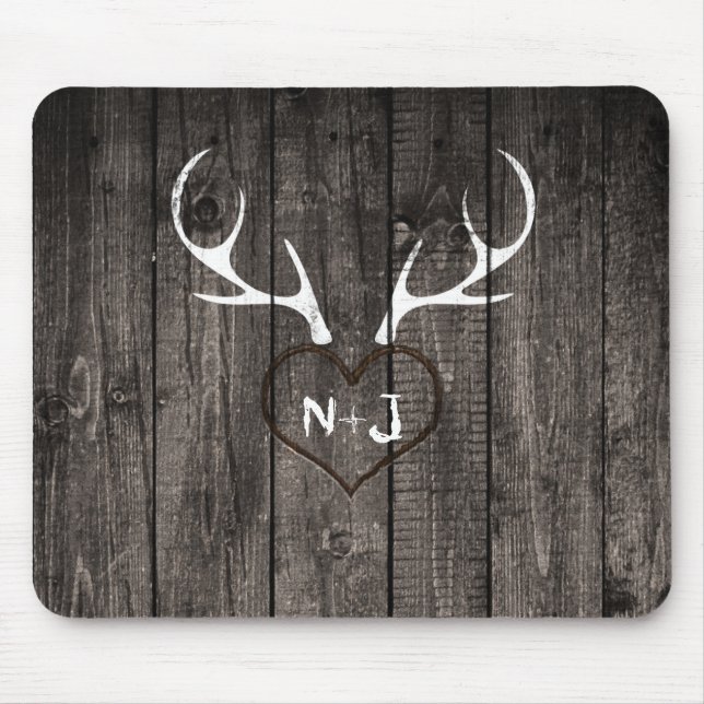 Rustic Deer Antlers & Carved Heart Country Mouse Pad (Front)
