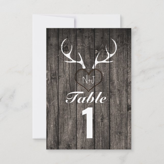 Rustic Deer Antlers & Carved Heart Table Number (Front)