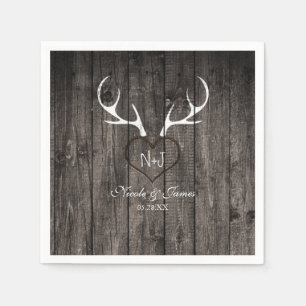 Rustic Deer Antlers & Carved Heart Wedding Napkins