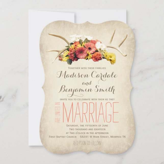 Rustic Deer Antlers Daisy Wedding Invitations (Front)