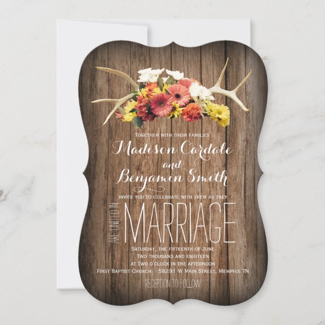 Rustic Deer Antlers Daisy Wood Wedding Invitations (Front)