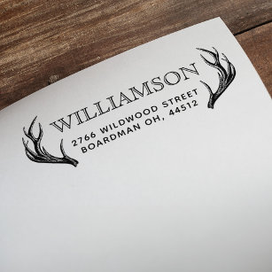 Rustic Deer Antlers Family Name & Return Address Self-inking Stamp